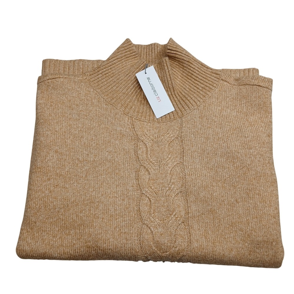 Liz Claiborne Womens 2X 3X Caramel Heather Mock Neck‎ Cable Knit Poncho Sweater